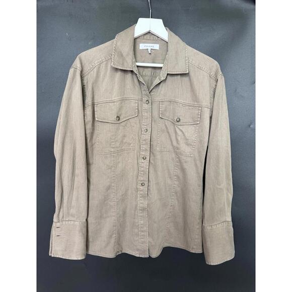 FRAME Brown Lyocell/LINEN BLEND BUTTON DN SHIRT Top Sz M Womens - Picture 1 of 5